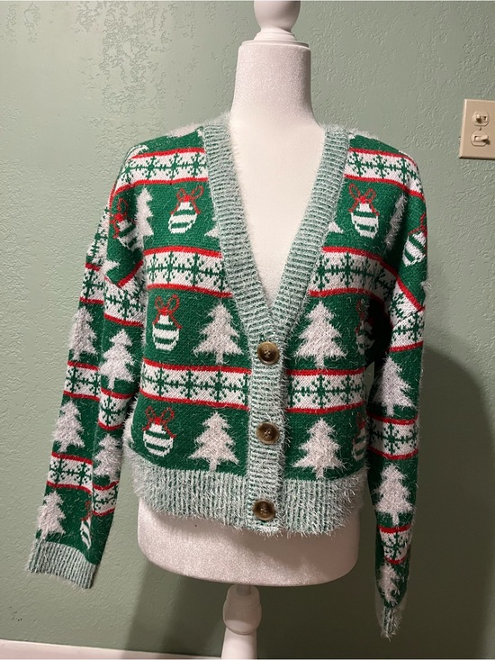 No Boundaries Sweaters - No Boundaries Green and White Holiday Tree V-Neck Cardigan